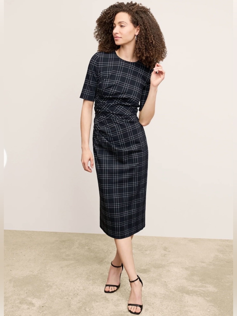 NWT M.M LaFleur Ciela Dress Black White Plaid Knit Suiting Midi Size 4